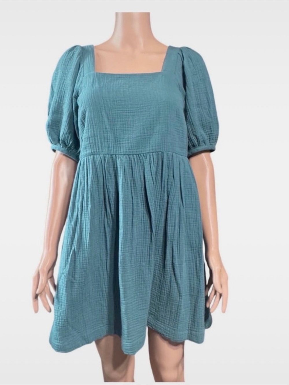 Madewell Teal Square-Neck Puff Sleeve Mini Dress